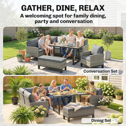 9-Seater Rattan Corner Sofa & Dining Set | Ottoman | Faux Wood Table | Washable Cushions | Dark Grey