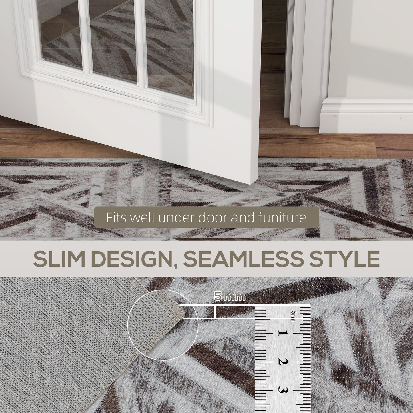 Modern Chenille Area Rug | Faux Leather Patchwork Print | Machine Washable | Non-Slip | Foldable | 230x160cm | Brown | Living Room Bedroom Dining Room Home Office