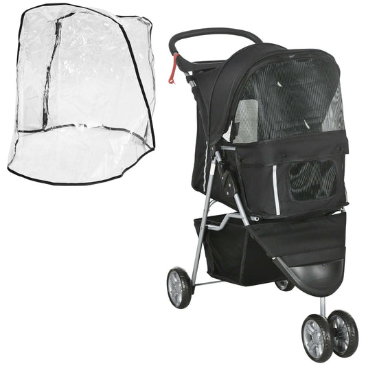 PawHut Pet Travel Stroller with Rain Cover, 3 Wheels Foldable Cat Dog Pushchair with Storage Basket for Small Miniature Dogs(Black)