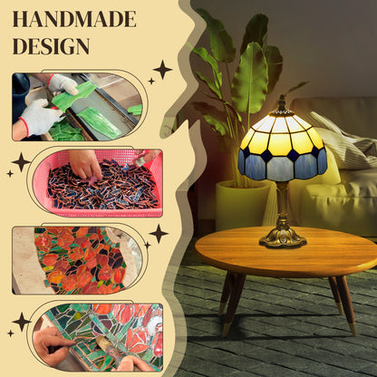 Handmade Stained Glass Table Lamp, Antique Style Bedside Lamp for Bedroom, Living room, Home, Nightstand, Decorative Night Light, Blue