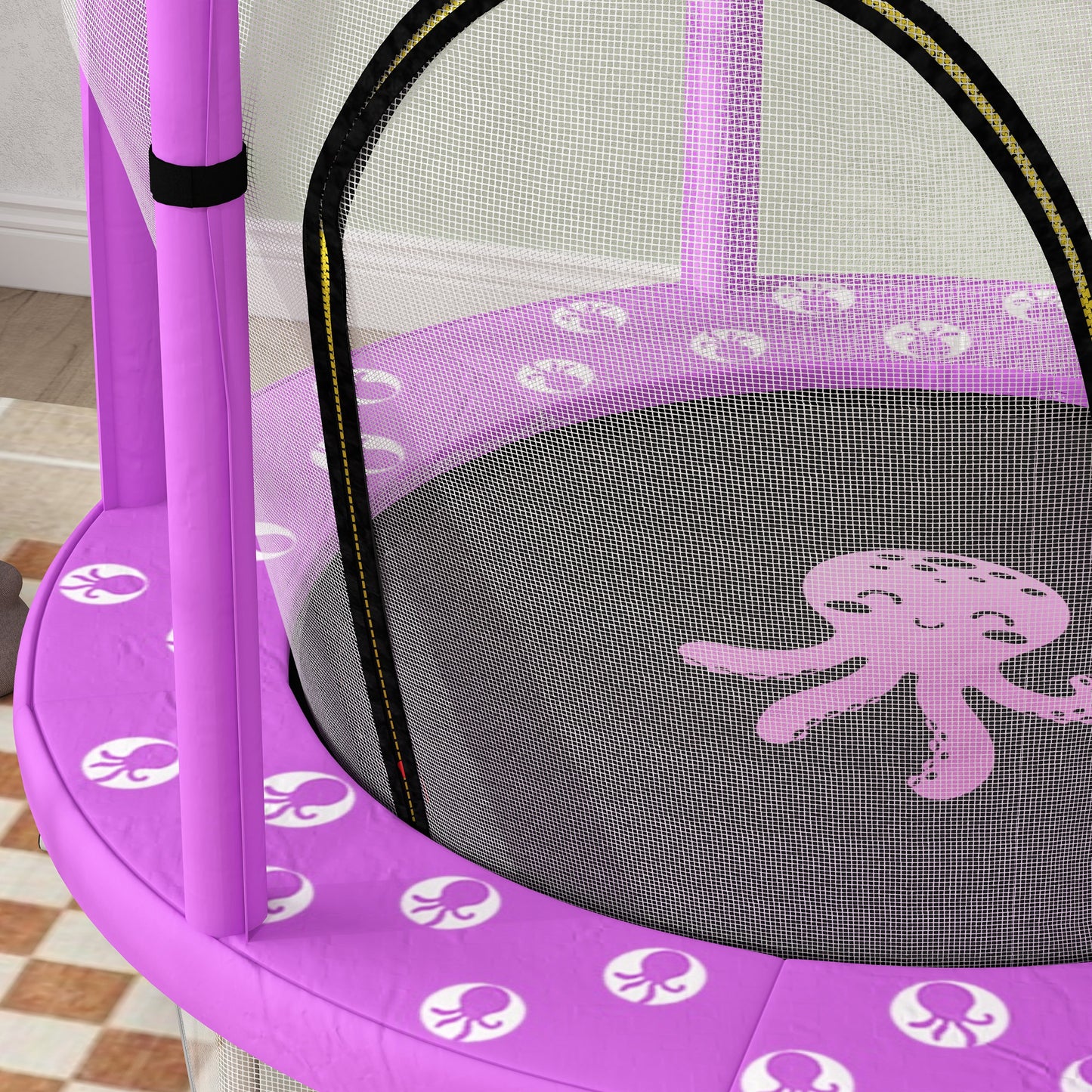 AIYAPLAY 4.6FT Toddler Trampoline w/ Safety Enclosure Net, for Indoor Outdoor Use, Ages 3-6 Years, Octopus Pattern - Purple / Green