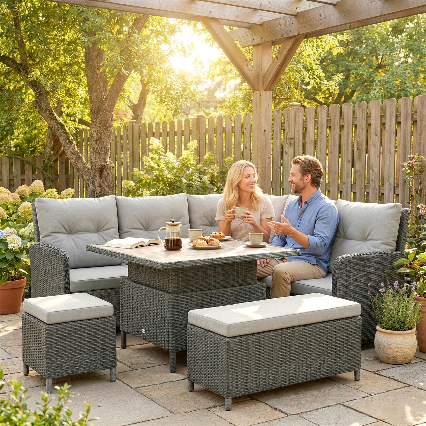 6-Piece PE Rattan Corner Garden Sofa Set | 2 Loveseats | Corner Sofa | 2 Footstools | Liftable Coffee Table | Washable Cushions | 120kg | Cream