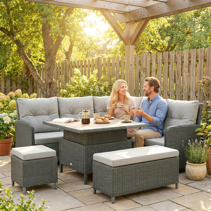 6-Piece PE Rattan Corner Garden Sofa Set | 2 Loveseats | Corner Sofa | 2 Footstools | Liftable Coffee Table | Washable Cushions | 120kg | Cream
