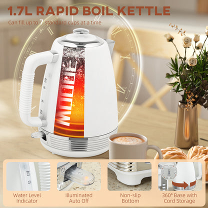 Stainless Steel Kettle and Toaster Set, 1.7L 3000W Rapid Boil Jug Kettle with UK Strix Thermostat, Limescale Filter, 4 Slice Toaster with 7 Browning Controls