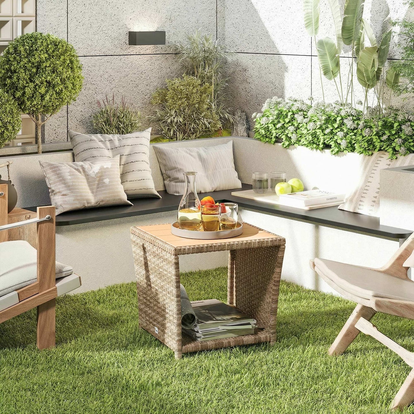 2-Tier Outdoor Rattan Side Table | PS Wood-Plastic Slat Top | PE Wicker | Powder-Coated Frame | UV-Resistant | 50kg | 45x45x43cm | Khaki