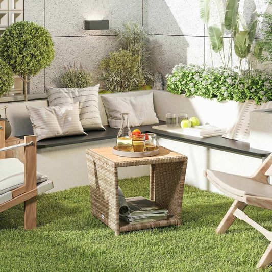 2-Tier Outdoor Rattan Side Table | PS Wood-Plastic Slat Top | PE Wicker | Powder-Coated Frame | UV-Resistant | 50kg | 45x45x43cm | Khaki