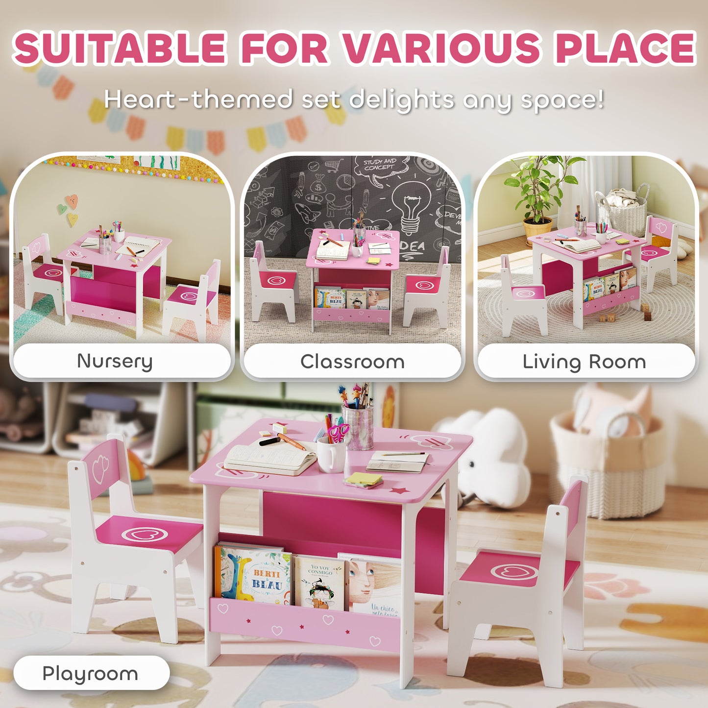 AIYAPLAY 3 Pieces Kids Table and Chair Set, Toddler Activity Table with Bookshelves, for Living Room, Nursery, Playroom, Pink
