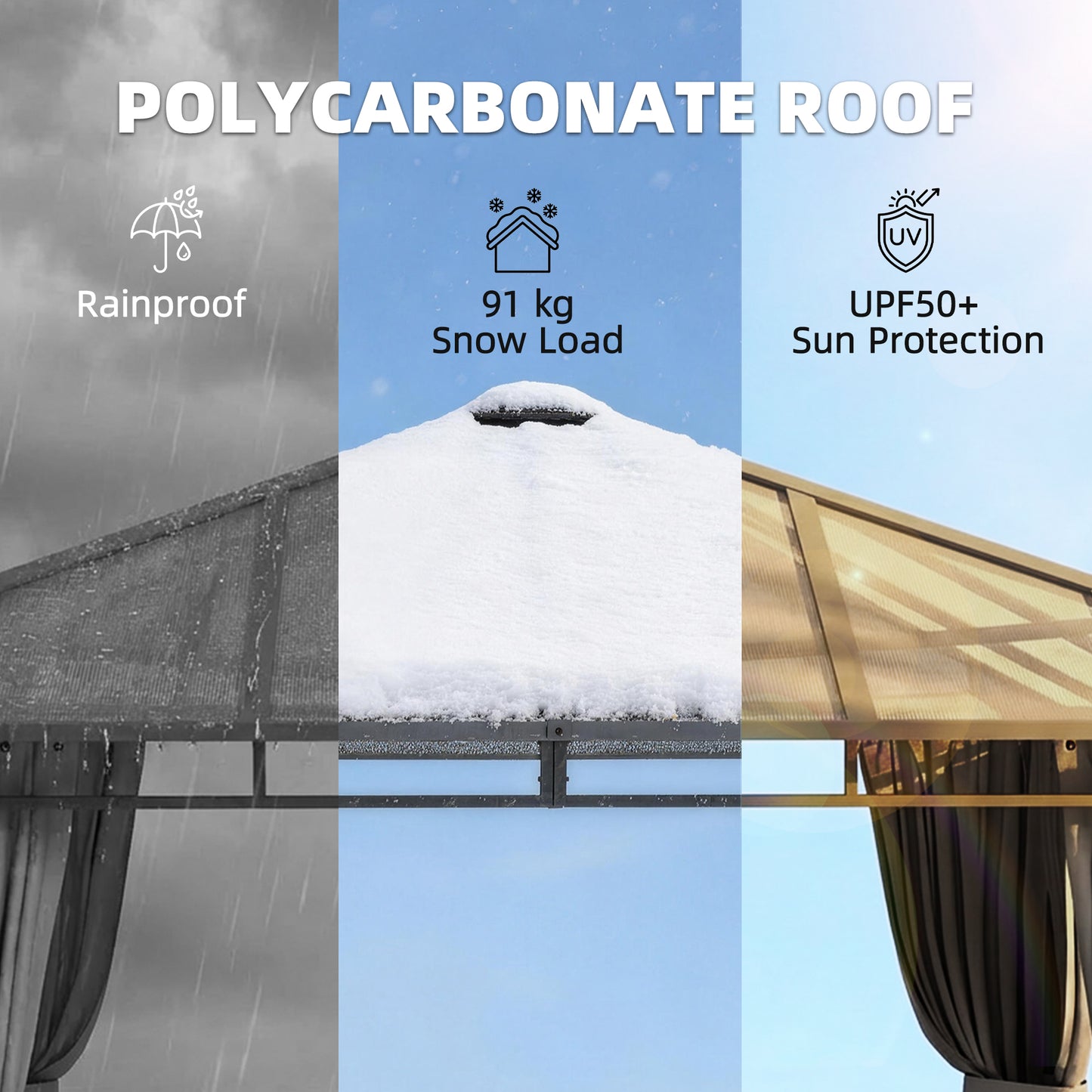 Outsunny 3 x 3 m Outdoor Hardtop Gazebo Canopy with PC Roof, Aluminium Permanent Pavilion Garden Gazebo with Curtains, Tan