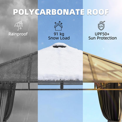 Outsunny 3 x 3 m Outdoor Hardtop Gazebo Canopy with PC Roof, Aluminium Permanent Pavilion Garden Gazebo with Curtains, Tan