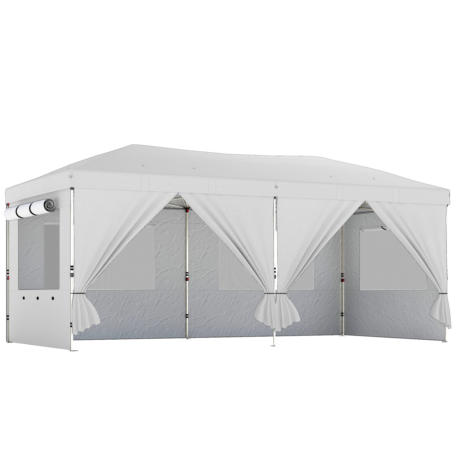 3x6m Pop-Up Canopy Gazebo | 17.5m² Coverage | 210D Silver-Coated UPF50+ Oxford Fabric | 6 Detachable Sidewalls | 3-Level Height Adjustment | 12 Drainage Holes | 18 Stakes & 6 Guy Ropes | Wheeled Carry Bag | White