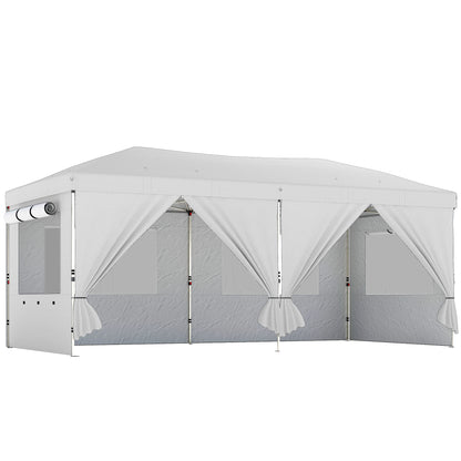 3x6m Pop-Up Canopy Gazebo | 17.5m² Coverage | 210D Silver-Coated UPF50+ Oxford Fabric | 6 Detachable Sidewalls | 3-Level Height Adjustment | 12 Drainage Holes | 18 Stakes & 6 Guy Ropes | Wheeled Carry Bag | White