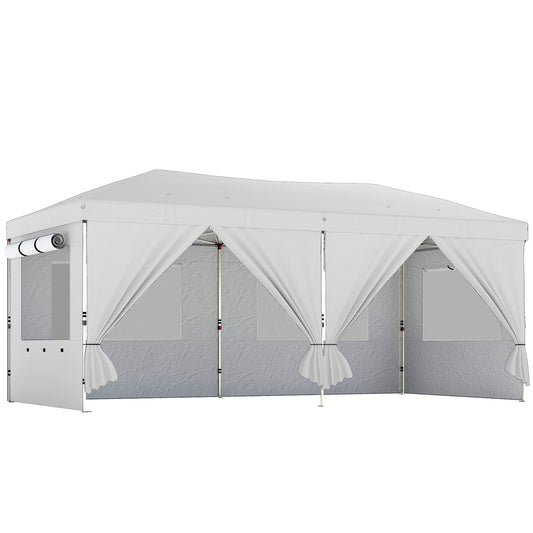 3x6m Pop-Up Canopy Gazebo | 17.5m² Coverage | 210D Silver-Coated UPF50+ Oxford Fabric | 6 Detachable Sidewalls | 3-Level Height Adjustment | 12 Drainage Holes | 18 Stakes & 6 Guy Ropes | Wheeled Carry Bag | White