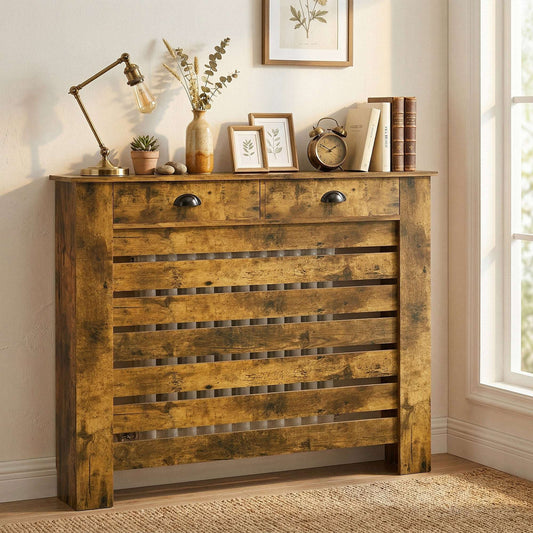 MDF & Particle Board Radiator Cover with 2 Drawers | Slatted Design | Skirting Board Cut-Outs | Easy-Fix Clips | Wood-Effect Top | 5kg Per Drawer | 111x19x95.5cm | Rustic Brown