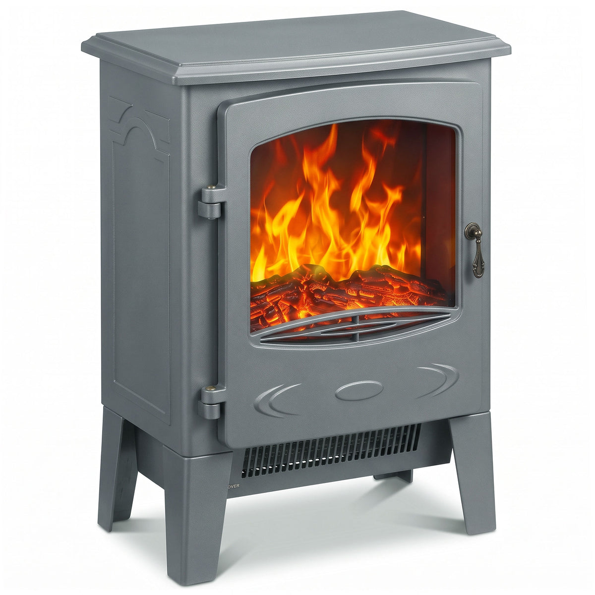 Freestanding Electric Fireplace Stove | Red LED Flame | 1000W/2000W | Forced-Air Fan | Grey