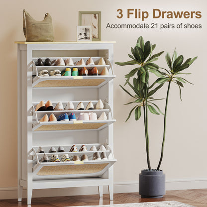 Boho Narrow Shoe Cabinet | 3 Flip Drawers | Rattan Doors | Oak-Effect Top | 21 Pairs | Adjustable Shelves | Anti-Tip Kit | 40kg Capacity | 80x24x131cm | White
