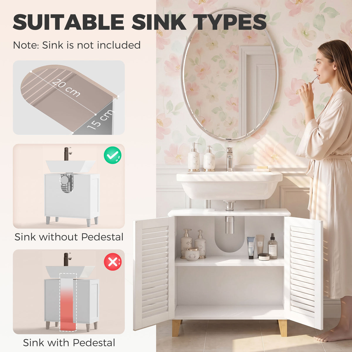 Under Sink Bathroom Cabinet | 60W x 30D x 60H cm | 2 Louvre Doors, Adjustable Shelf & Bamboo Legs | White & Natural