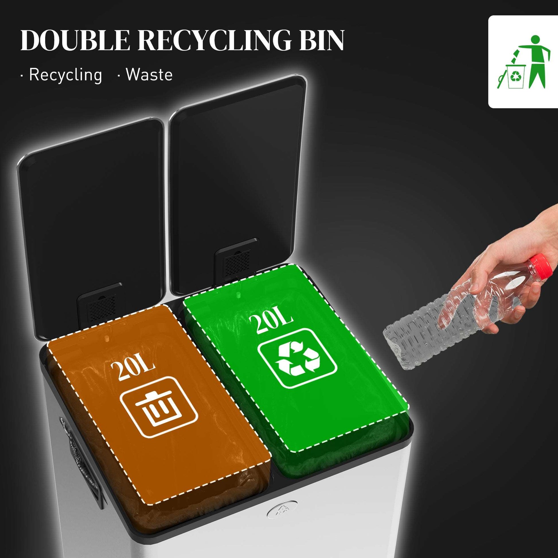 2 x 20L Pedal Bin, Steel Dual Kitchen Bin with Soft Close Lid, Removable Inner Buckets, Fingerprint-Proof, Silver