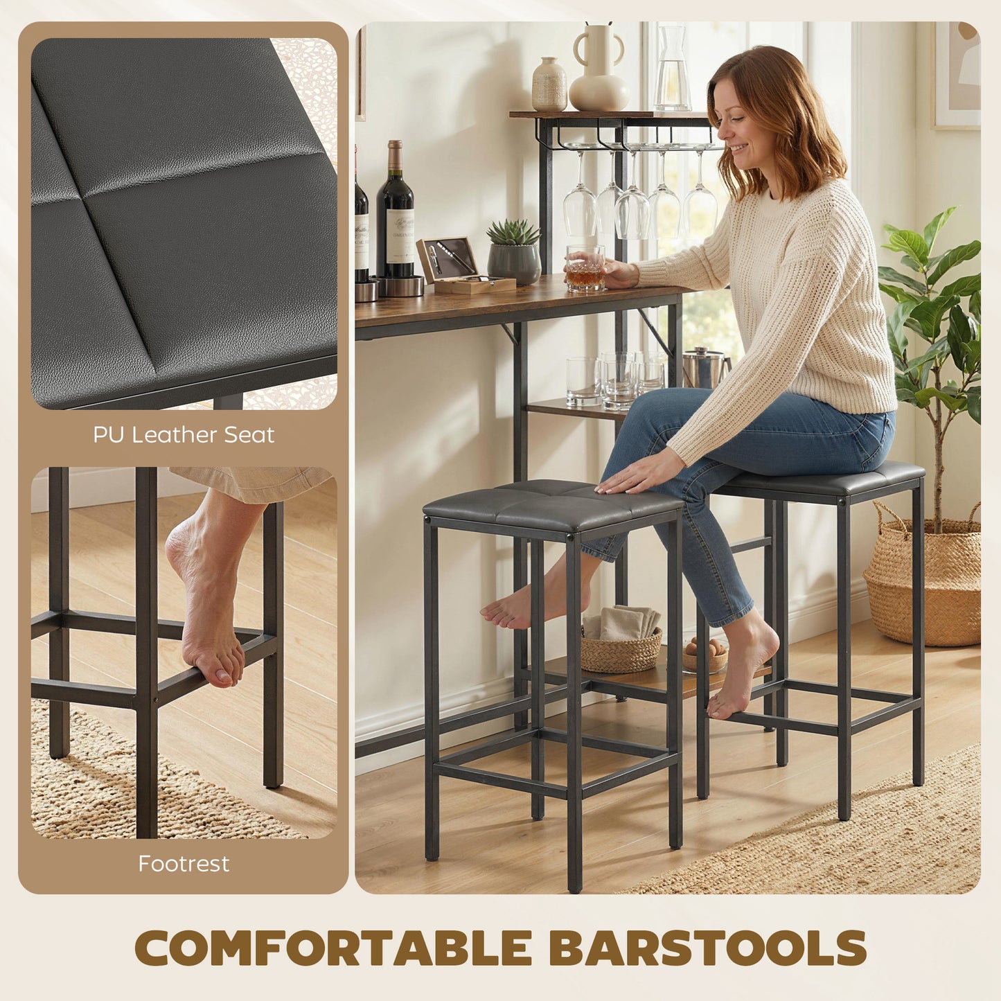 3-Piece Breakfast Bar Table & Stools Set | 4-Tier Shelving | Wine Glass Racks | Faux Leather Stools | Footrests | Rustic Brown