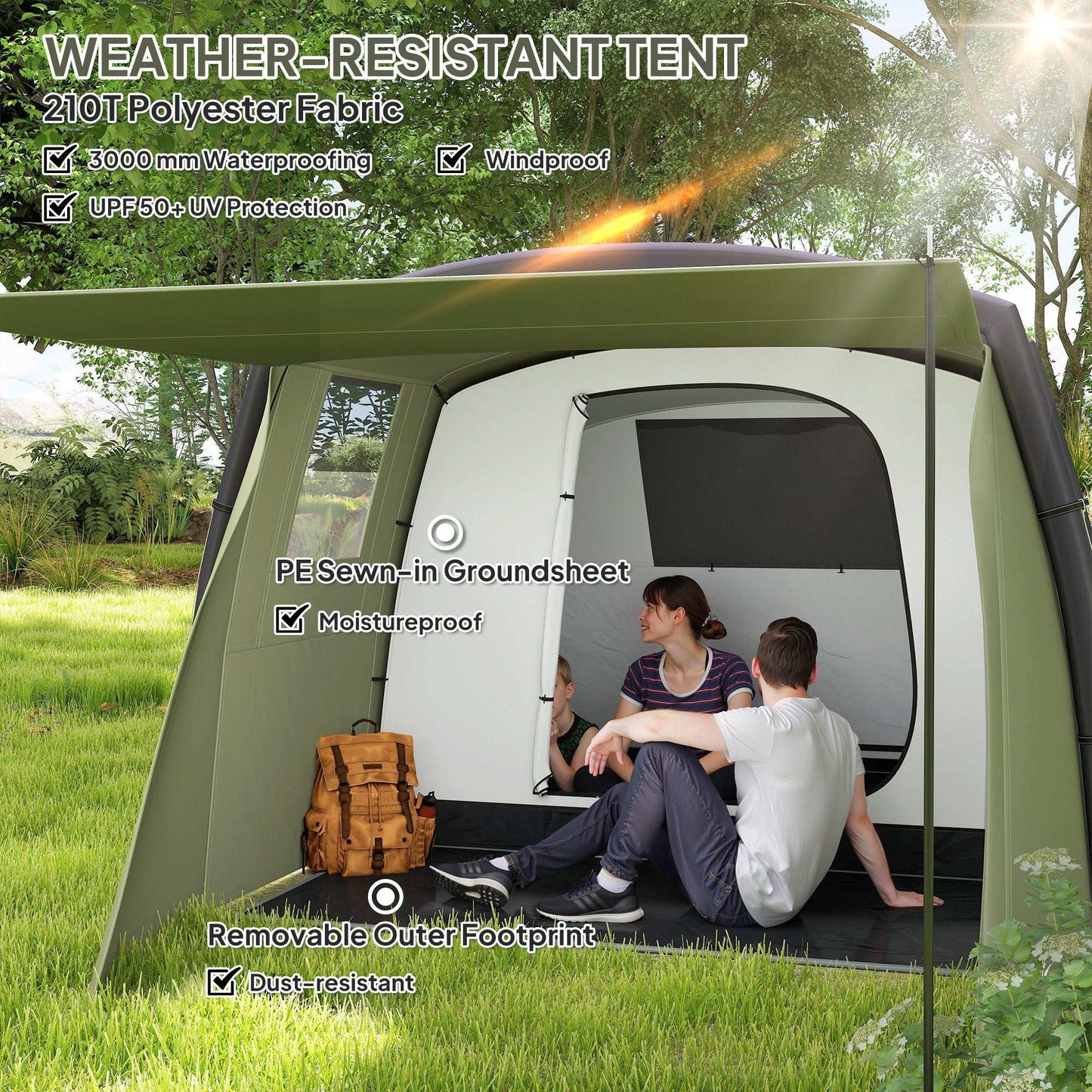 Inflatable 3-4 Man Tunnel Tent w/ Air Pump, Living Area & Vestibule, Waterproof Family Camping Air Tent w/ Sewn In Groundsheet