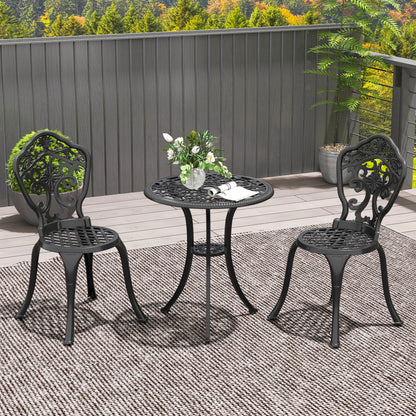 3 Piece Cast Aluminium Garden Bistro Set for 2 with Parasol Hole, Outdoor Coffee Table Set, Two Armless Chairs and Round Coffee Table