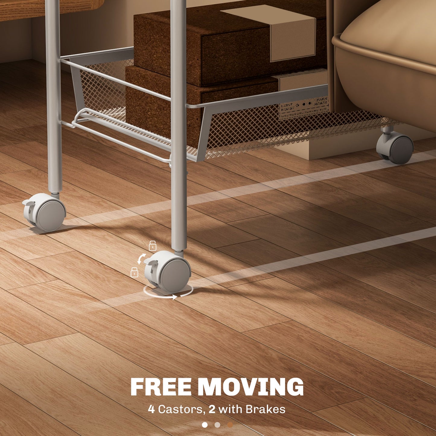 Five-Steel Mesh Basket Storage Trolley, with Wheels - White