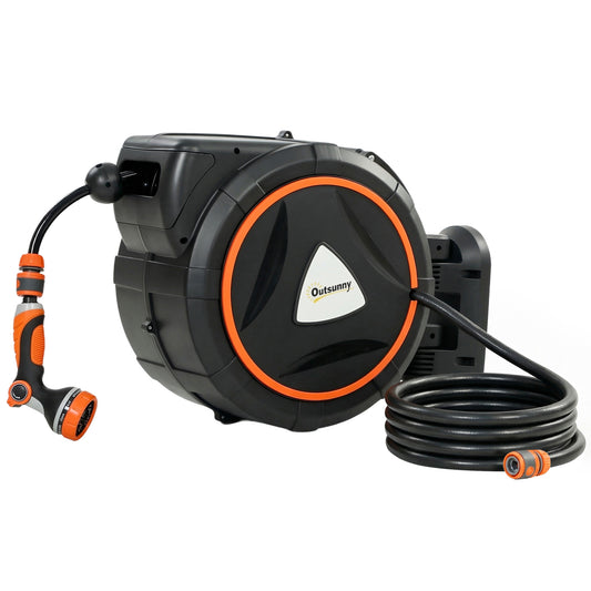 23+2m Retractable Garden Hose Reel | Auto-Retract & Self-Locking Slow Rewind | Wall-Mount or Portable | 2 Nozzles 12 Spray Modes | 120 PSI | UV & Corrosion-Resistant PP | 55x31x50cm | Orange