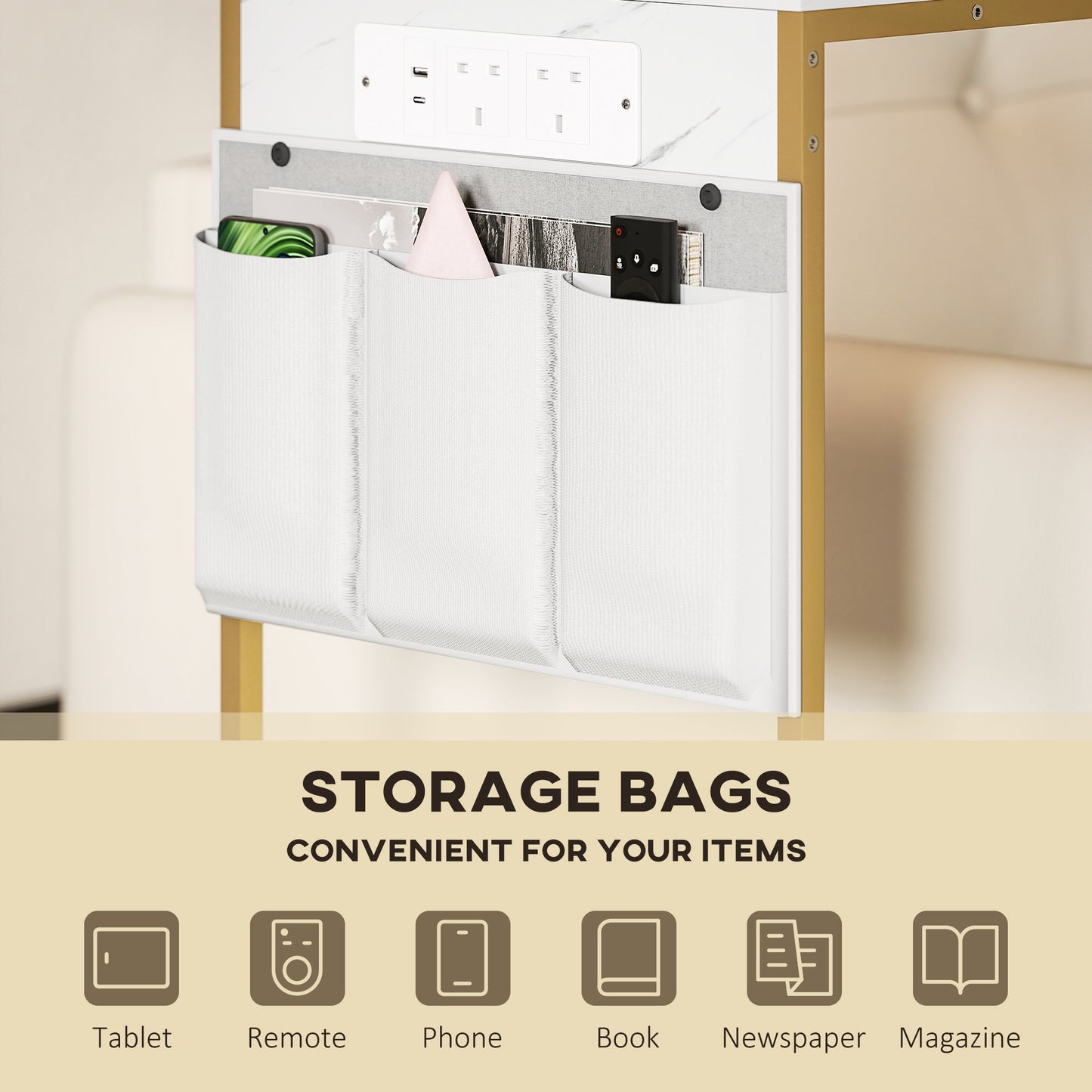C-Shaped Bedside Table with Charging Station, Marble Grain Side Table with Power Outlets & USB Ports, Storage Bags, White