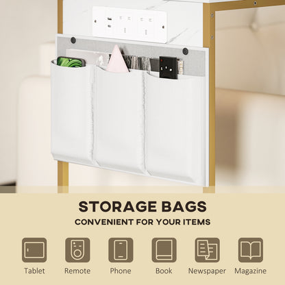 C-Shaped Bedside Table with Charging Station, Marble Grain Side Table with Power Outlets & USB Ports, Storage Bags, White