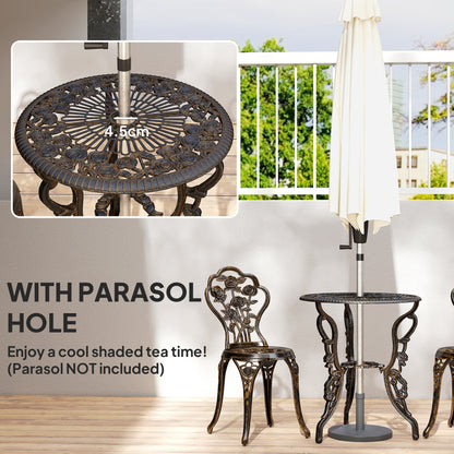 3 Piece Cast Aluminium Garden Bistro Set | Vintage Rose Design | Round Table Dia 60cm | 45mm Umbrella Hole | 2 Chairs | Rust Resistant | 120kg | Bronze Tone