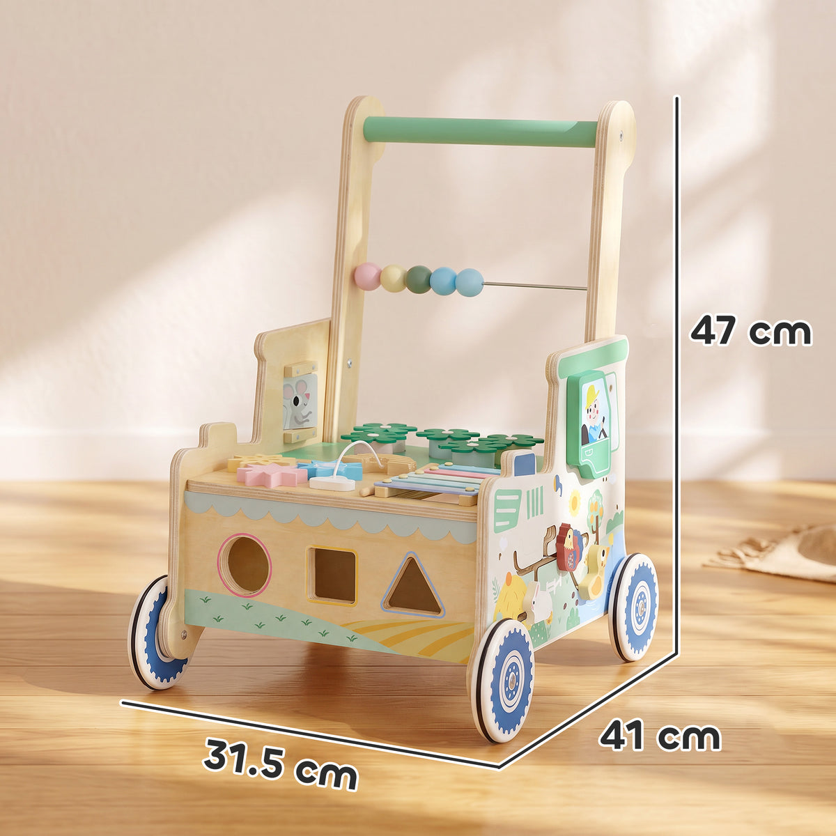 Wooden Baby Walker | Multifunction Activity Centre with Shape & Colour Learning, Toy Storage & Push-Along Support | 1-3 Years | Green & Natural