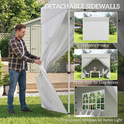 3x3m Heavy-Duty Peak-Top Pop-Up Gazebo | 420D UPF50+ Oxford Fabric | 4 Removable Sidewalls | Zipper Door & Windows | 3-Height Adjustment | 8 Drainage Holes | 4 Sandbags, 4 Guy Ropes & 8 Stakes | Wheeled Carry Bag | Silver Grey