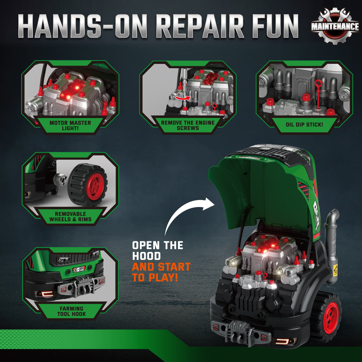 Kids Truck Engine Toy | Green Pretend Play Mechanic Workshop with 55 Accessories