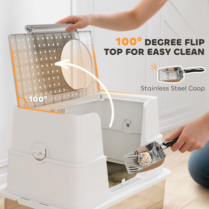 PawHut XL Stainless Steel Litter Box w/ 100° Flip Top, Scoop, Side Top Dual Entry, Odor Free, Easy Cleaning, Anti Leakage