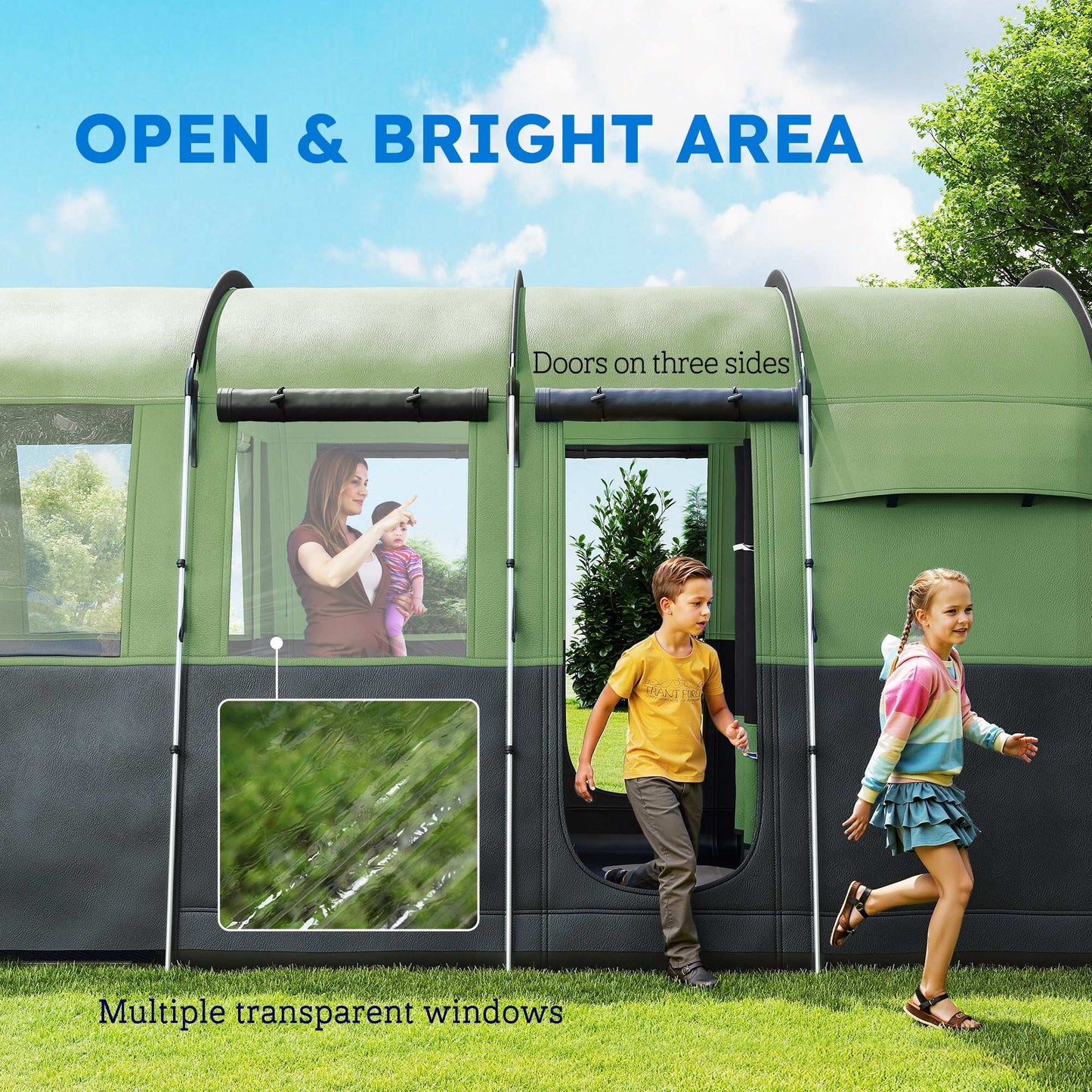 8-Person Camping Tent, Waterproof Family Tent, Tunnel Design, 4 Large Windows, Sleeping Cabins 3000mm Water Column Green - Blue