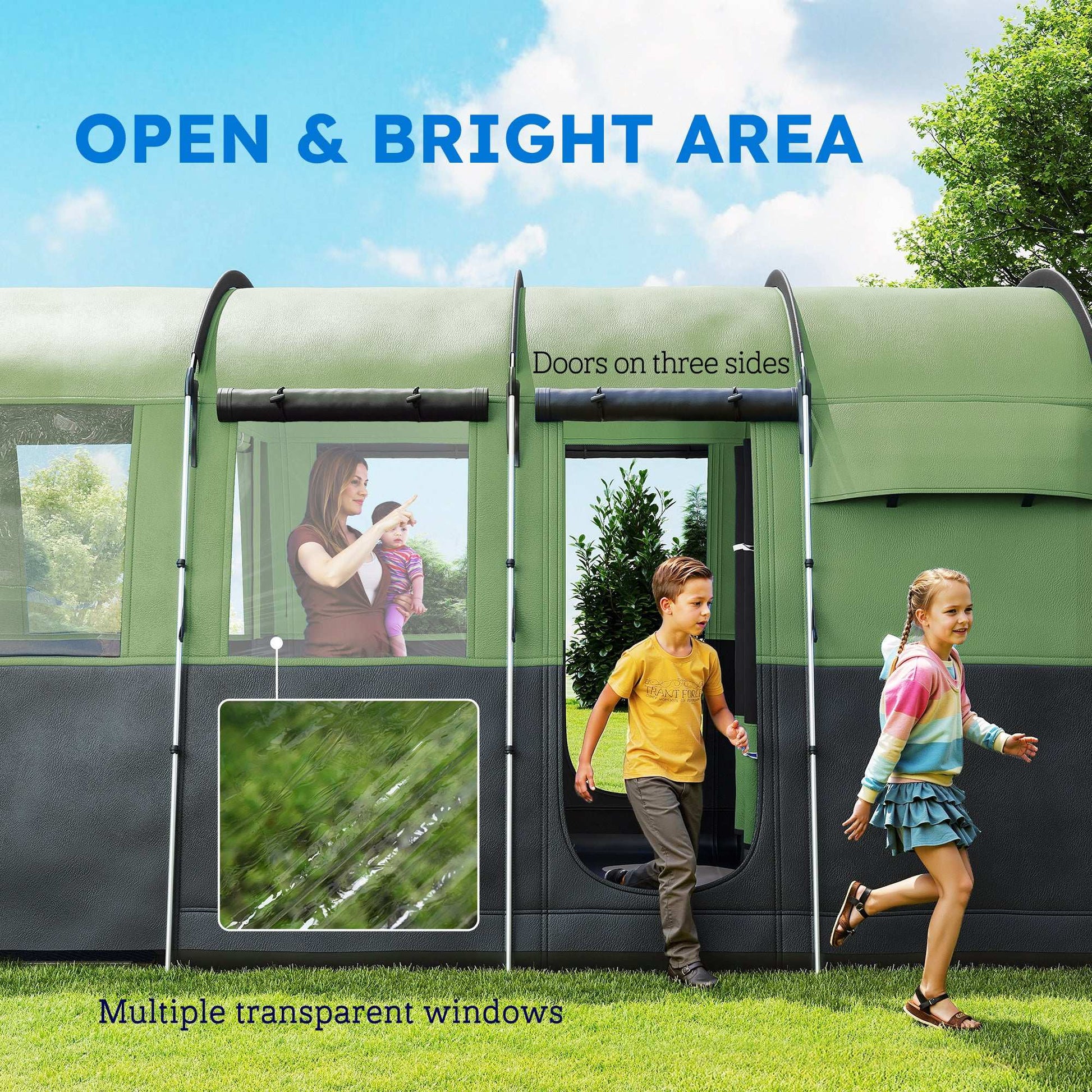 8-Person Camping Tent, Waterproof Family Tent, Tunnel Design, 4 Large Windows, Sleeping Cabins 3000mm Water Column Green - Blue