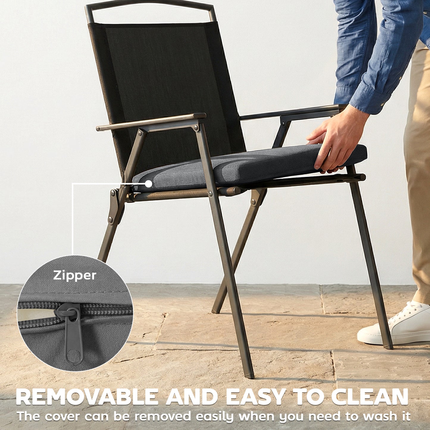 Set of 2 Garden Seat Cushions | 7cm High Density Foam | 50x50cm | Water Resistant | UV30+ | Fire Retardant | Zip Off Covers | Securing Ties | Dark Grey