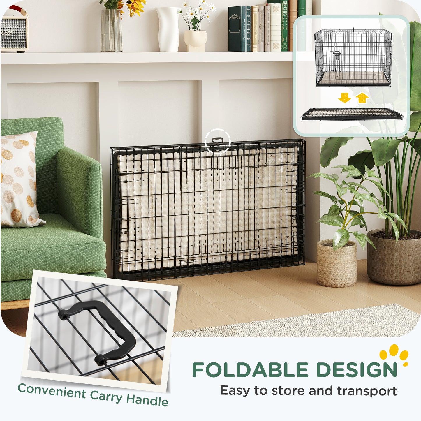 Foldable Dog Crate XL | 2 Doors | Soft Washable Cushion | Removable ABS Tray | Extra Large Dogs up to 40kg | 105 x 70 x 75cm | Black