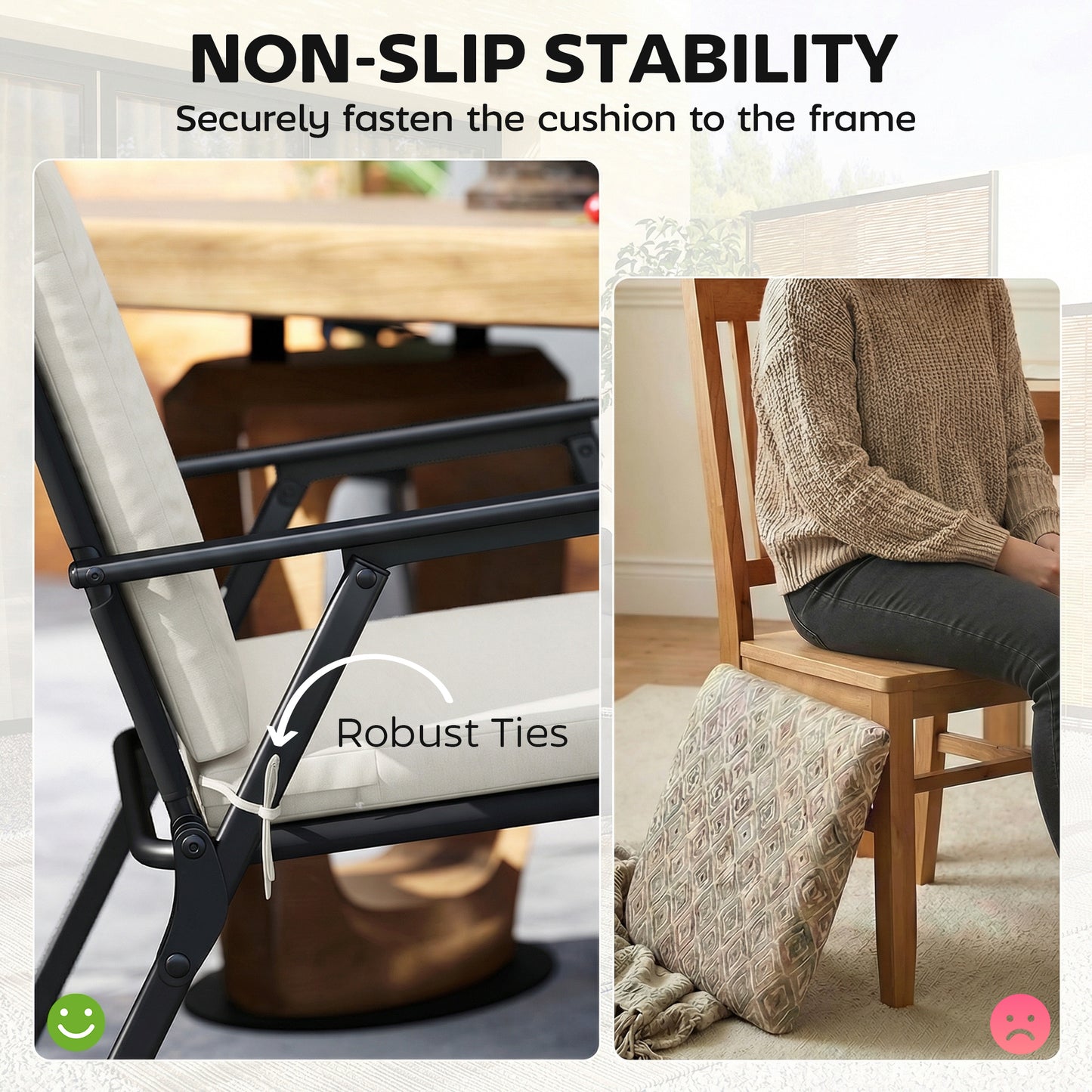 Set of 2 Garden Seat Cushions | 7cm High Density Foam | 50x50cm | Water Resistant | UV30+ | Fire Retardant | Zip Off Covers | Securing Ties | Cream White