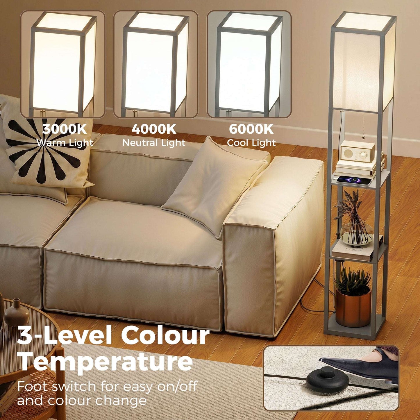 Floor Lamp with 3 Shelves | Column Design | MDF | E27 LED Included | Foot Switch | 160cm | 2.5kg per Tier | Grey