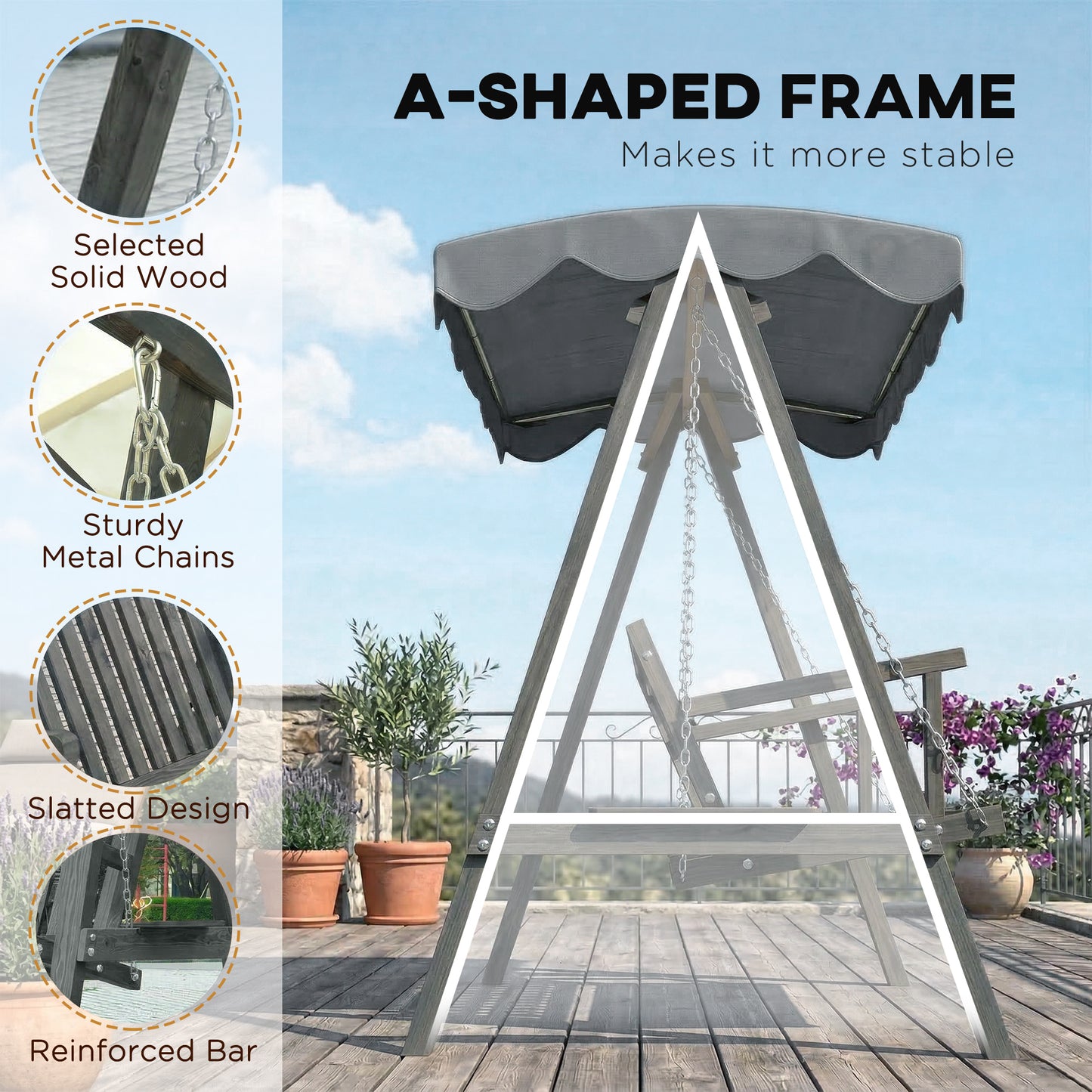 3-Seater Garden Swing Seat with Canopy | Pine Wood Frame | UV-Resistant | 360kg | Grey