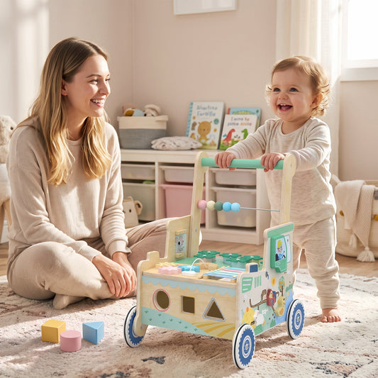 Wooden Baby Walker | Multifunction Activity Centre with Shape & Colour Learning, Toy Storage & Push-Along Support | 1-3 Years | Green & Natural