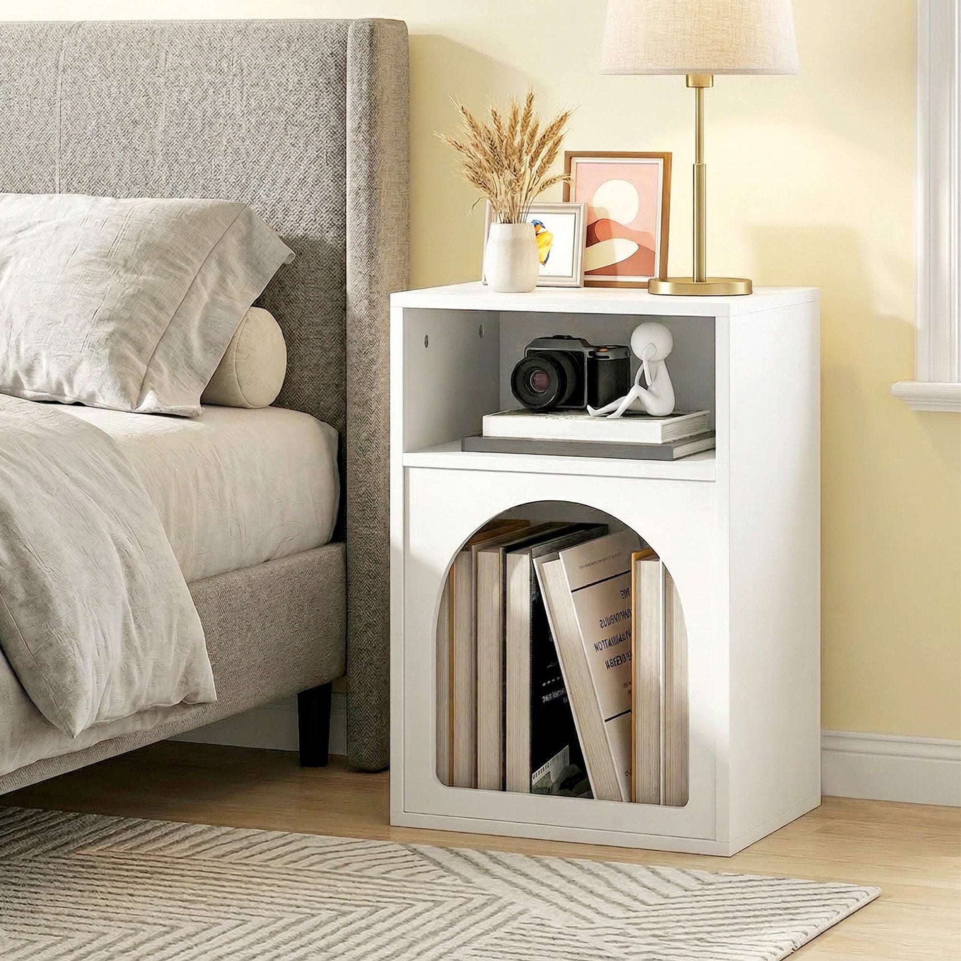 MDF Arch Bedside Table | 2 Open Compartments | Compact Design | Fits Narrow Spaces | 35kg Capacity | 40x30x60cm | White