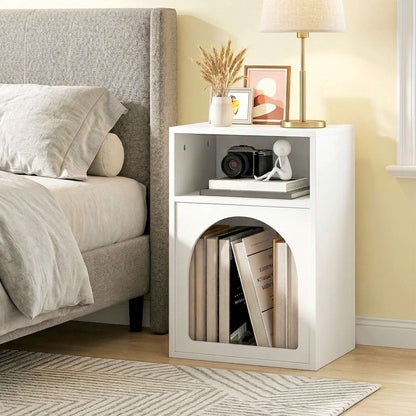 MDF Arch Bedside Table | 2 Open Compartments | Compact Design | Fits Narrow Spaces | 35kg Capacity | 40x30x60cm | White