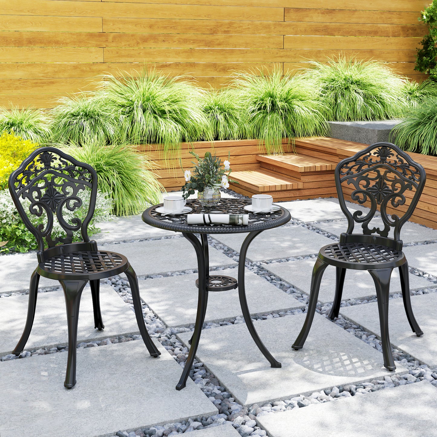 3 Piece Cast Aluminium Garden Bistro Set for 2 with Parasol Hole, Outdoor Coffee Table Set, Two Armless Chairs and Round Coffee Table