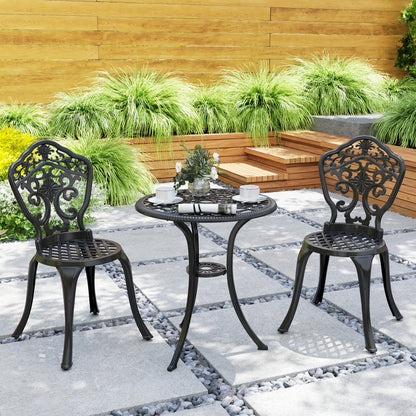 3 Piece Cast Aluminium Garden Bistro Set for 2 with Parasol Hole, Outdoor Coffee Table Set, Two Armless Chairs and Round Coffee Table