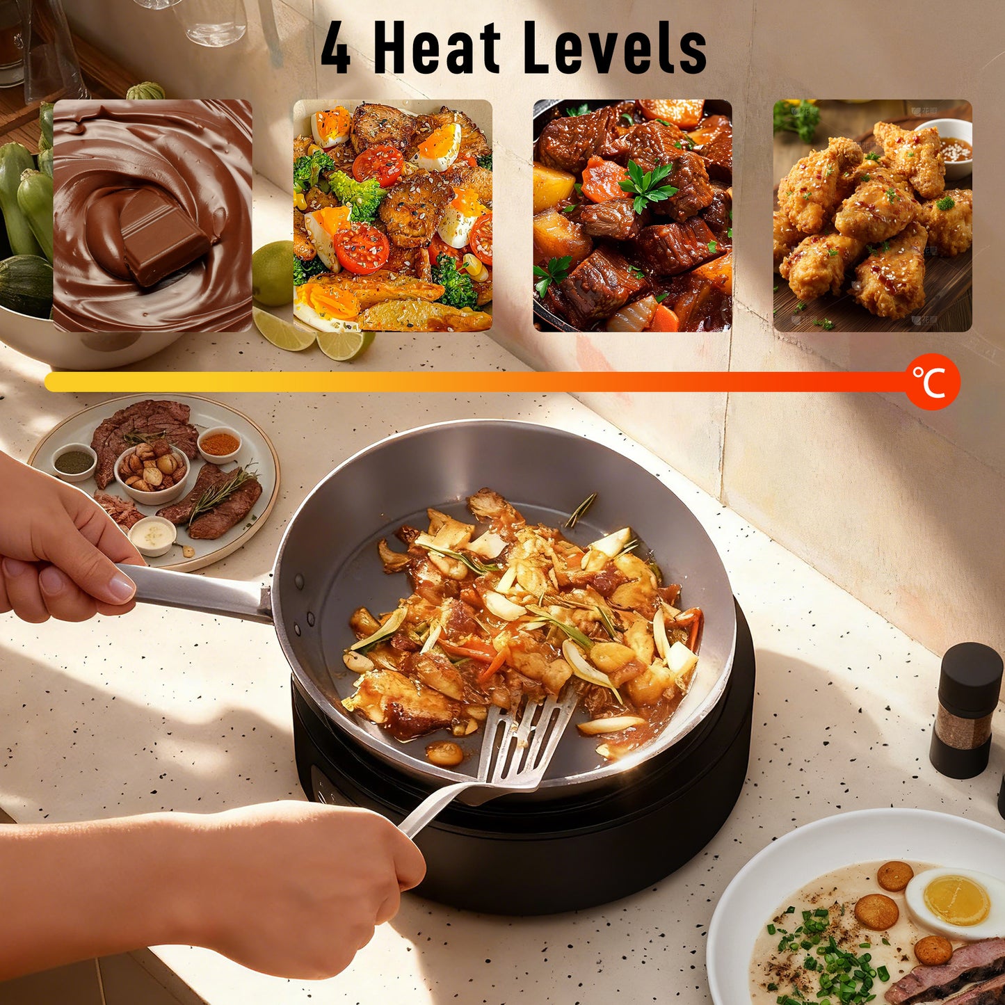 Electric Ceramic Hob with Grill Plate, Multifunctional 36cm Plug in Electric Hob with 4 Heat Levels for All Type Pot