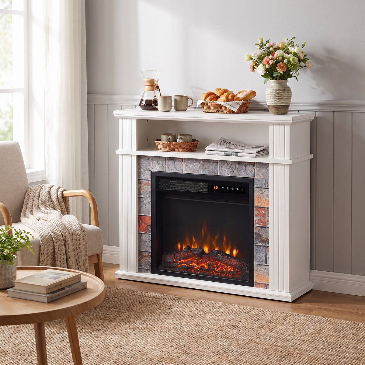 Electric Fireplace Suite | 1800W White Fire & Surround | Open Storage Shelf | Adjustable LED Flames | Remote & 8-Hour Timer