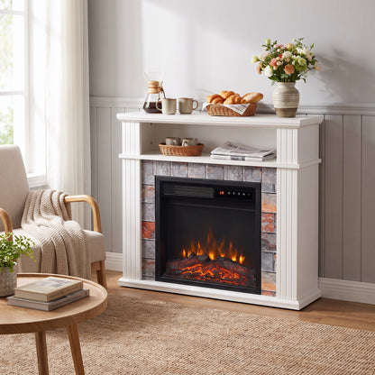 Electric Fireplace Suite | 1800W White Fire & Surround | Open Storage Shelf | Adjustable LED Flames | Remote & 8-Hour Timer