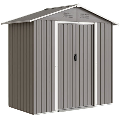 Galvanised Steel Garden Storage Shed | Double Sliding Lockable Door | 4 Vents | Sloped Roof | Steel Tile Roof & Walls | 194x107x191cm | 1.8m² | Light Grey