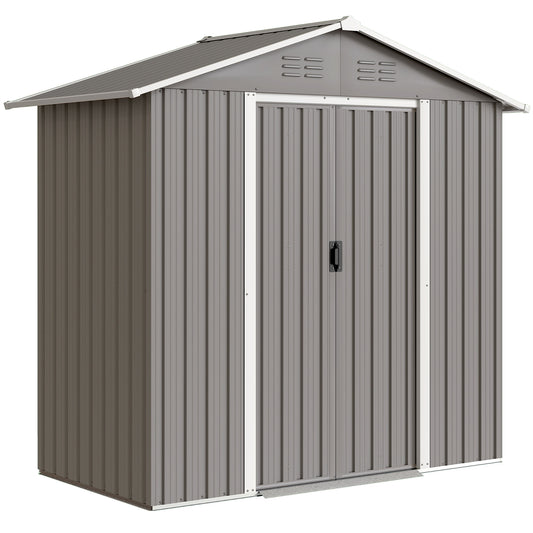 Galvanised Steel Garden Storage Shed | Double Sliding Lockable Door | 4 Vents | Sloped Roof | Steel Tile Roof & Walls | 194x107x191cm | 1.8m² | Light Grey